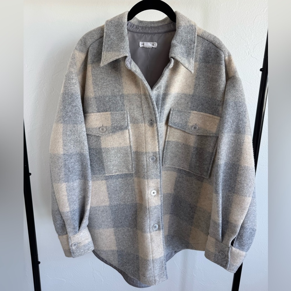Good American Felted Shacket Heather Grey Plaid